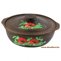 Angob kerámia edény pipacsos dekorral és dekorált fedővel 