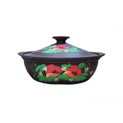 Angob kerámia edény pipacsos dekorral és dekorált fedővel Angob kerámia edény pipacsos dekorral és dekorált fedővel