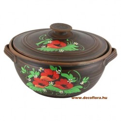 Angob kerámia káposztafőző edény pipacsos dekorral és dekorált fedővel Angob kerámia káposztafőző edény pipacsos dekorral és dekorált fedővel