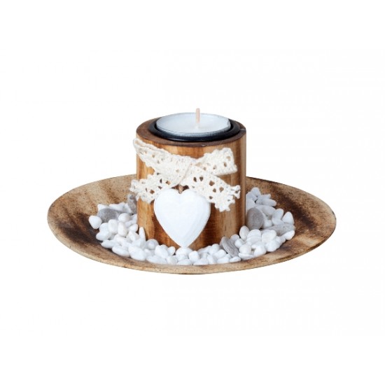 Candle holder set with round plate, heart and bow h=7cm, x15cm