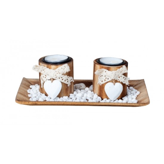 Candle holder set with heart and bow h=7cm w=21.5cm