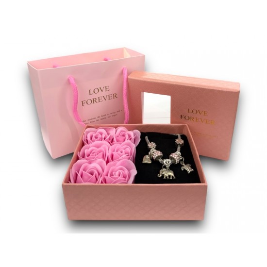 Jewelry box with decorative pouch, metal bracelet with 6 roses - Valentine's gift - Rosa