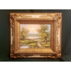 Handmade Oil Paint Landscape Framed in Gold Wood Frame Handmade Oil Paint Landscape Framed in Gold Wood Frame