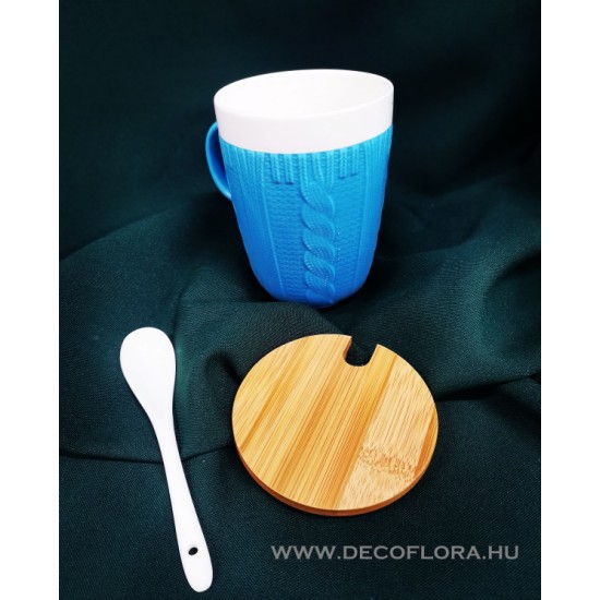 Mug Blue Sweater with ceramic spoon and bamboo lid 300 ml