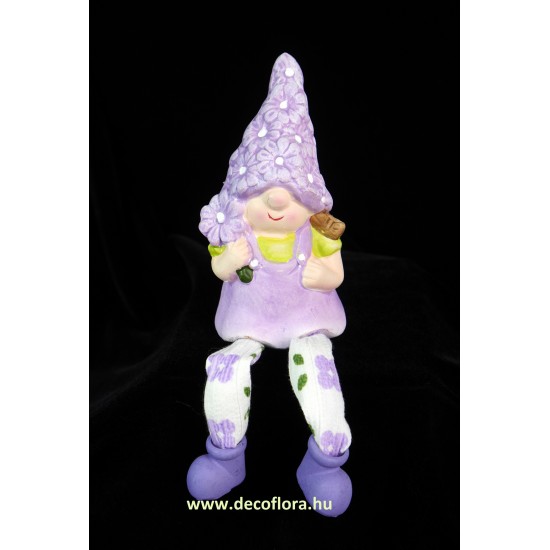 Purple garden gnome with hanging legs 13 cm+leg