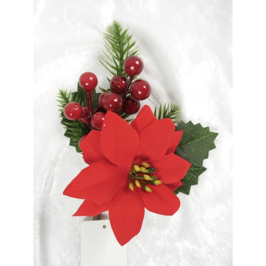 Red berry pick with poinsettia 25 cm