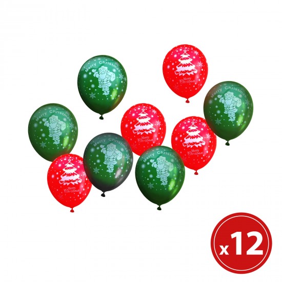 Balloon set - red, green, gold, with Christmas motifs - 12 pcs / package