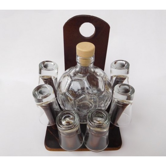 Ball Bottle with 6 Brandy shooters in Wooden holder