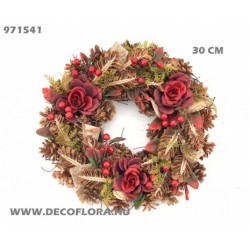 Koszorú toboz rózsával bogyóval 30 cm natúr/piros