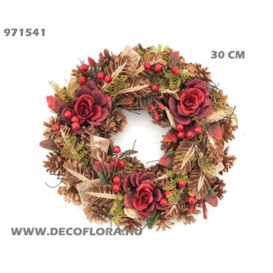 Coroană con de pin cu trandafir și fructe de pădure 30CM natural/roșu