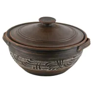 Angob kerámia káposztafőző edény futónövényes dekorral és dekorált fedővel 
