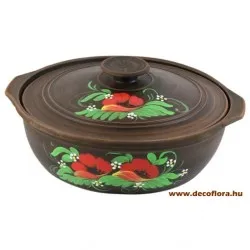 Angob kerámia edény pipacsos dekorral és dekorált fedővel 