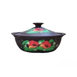 Angob kerámia edény pipacsos dekorral és dekorált fedővel 