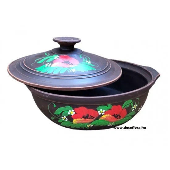 Angob kerámia edény pipacsos dekorral és dekorált fedővel