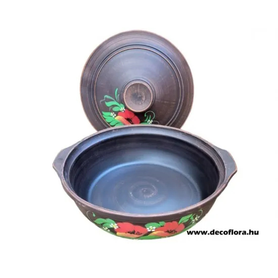 Angob kerámia edény pipacsos dekorral és dekorált fedővel