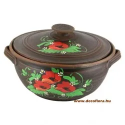 Angob kerámia káposztafőző edény pipacsos dekorral és dekorált fedővel 