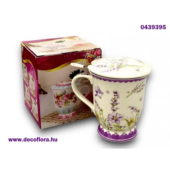 Gyógyteás bögre fémszűrővel Levendula dekorral 300 ml