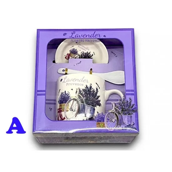 Levendulás kerámia bögre szett kerámiakanállal