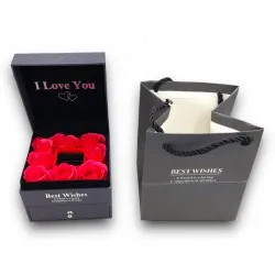 Ékszertartó doboz dísztasakkal, rózsával - Valentin ajándék -  Fekete