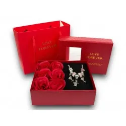 Ékszertartó doboz dísztasakkal, 6 rózsával fém karkötővel - Valentin ajándék -  Piros