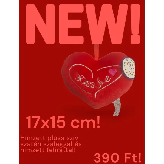 Plüss szív Kiss me felirattal - szatén selyem akasztóval -- hímzett  szívvel