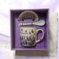 Kerámia bögre Lavender 300 ml - kistányérral ás porcelánkanállal -  díszdobozban