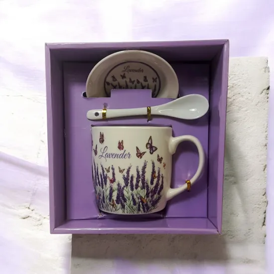 Kerámia bögre Lavender 300 ml - kistányérral ás porcelánkanállal -  díszdobozban