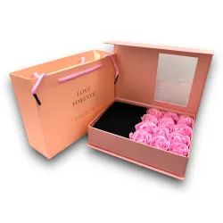 Ékszertartó doboz dísztasakkal, 12 rózsával - Rózsaszín