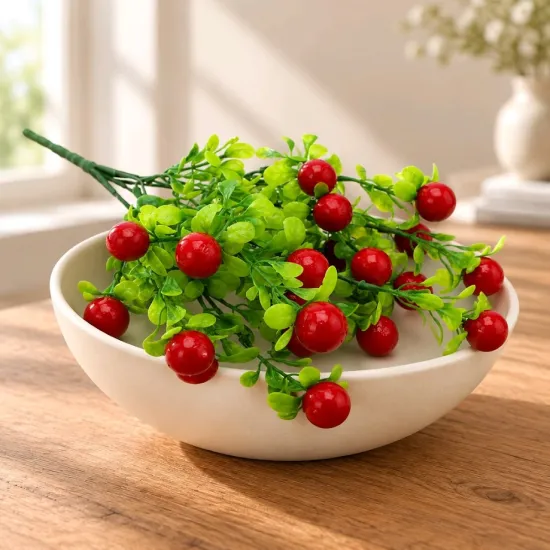 Bogyós csokor – Piros bogyós dekorációs ág (27 cm)