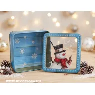 Hóember mintás kék fém süteményesdoboz ablakos tetővel – 15×15×5,5 cm