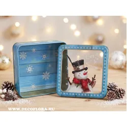 Hóember mintás kék fém süteményesdoboz ablakos tetővel – 15×15×5,5 cm