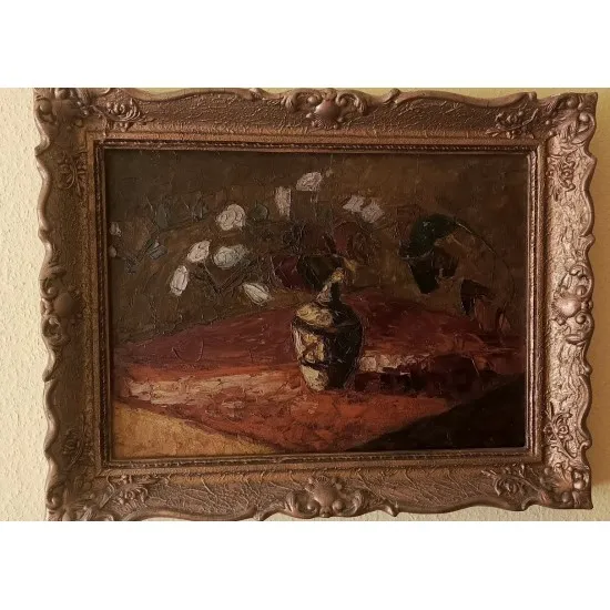 Festmény - eredeti - Csendélet vázával és virággal  - különleges antik keret