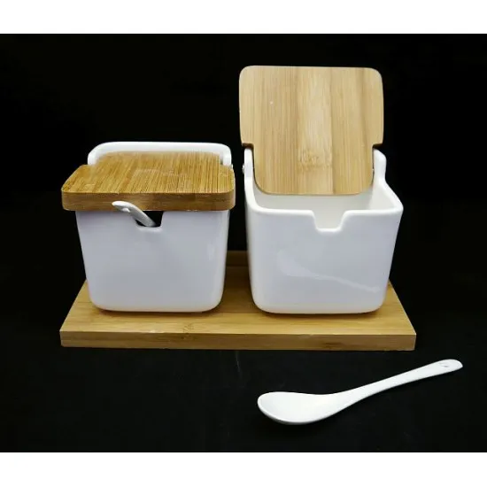 Fűszertartó szett szögletes 2 részes porcelán kanállal