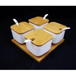 Fűszertartó szett szögletes 4 részes porcelán kanállal