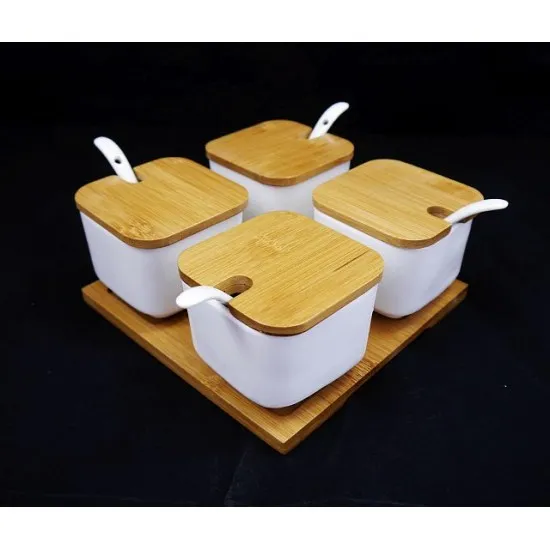 Fűszertartó szett szögletes 4 részes porcelán kanállal