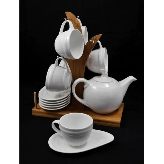 Porcelán kávéskészlet bambuszállvánnyal 6+6+1 kávékiöntővel