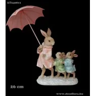 Nyuszicsalád esőkabátban fém esernyővel 26 cm