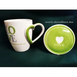 Bögre LOVE kerámia tető+ zöld-fehér 250 ml díszdobozban