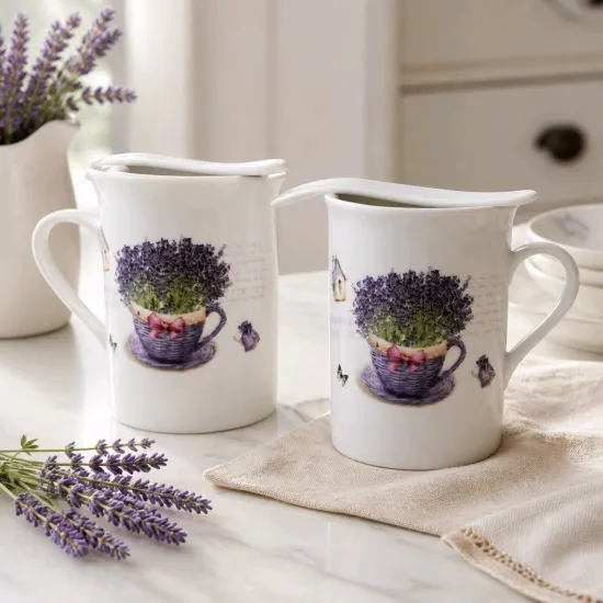 Porcelán bögrepár "Levendulakosár" 300 ml porcelánkanállal
