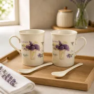 Porcelán bögrepár "Levendula vázában" 300 ml porcelánkanállal