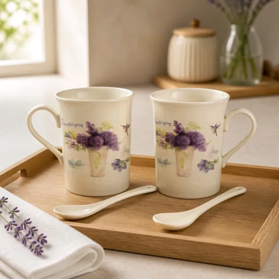 Porcelán bögrepár "Levendula vázában" 300 ml porcelánkanállal
